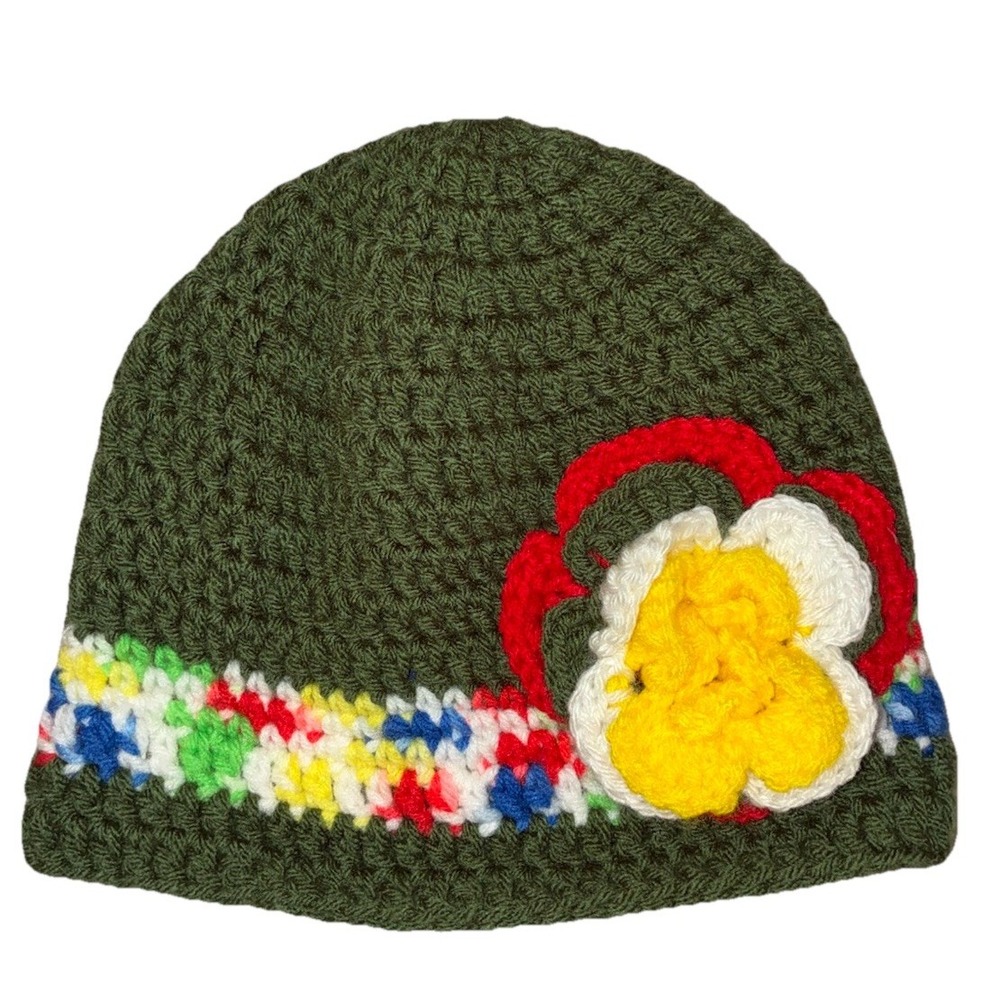 Beanie Hat Women's OS Green‎ White Crochet Handmade Flower NEW